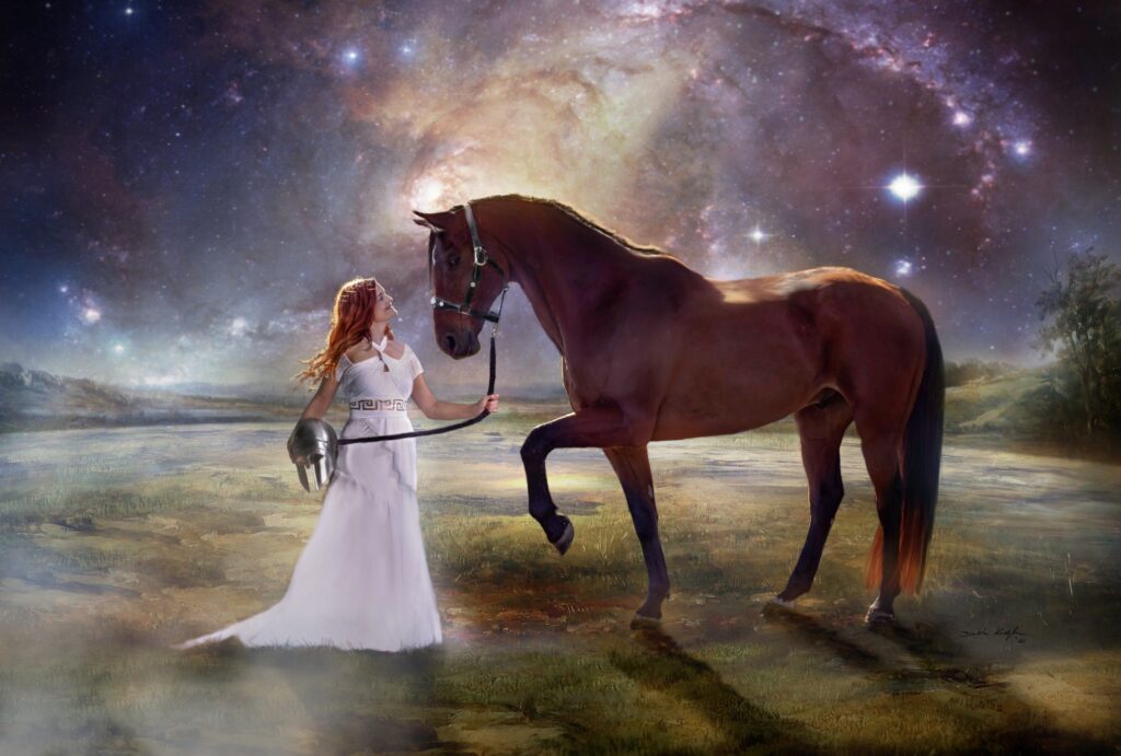 Made in the Stars, a Heart Horse Story, a graphic representation of the Made in the Stars relationship between Julie Bradshaw and Scout, a bay Dutch Warmblood gelding. Art by Dorota Kudyba in Poland.