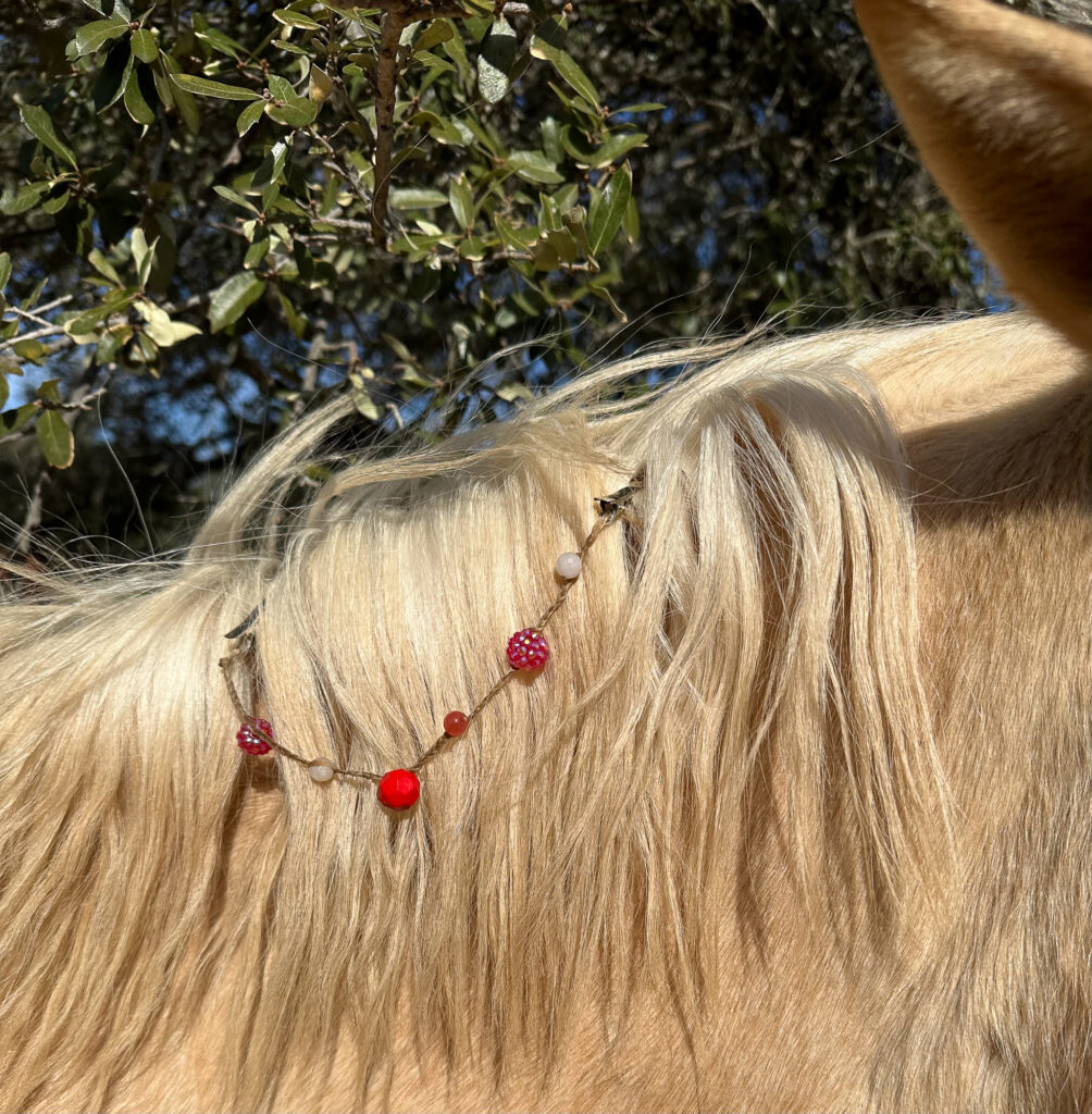 Red Agate and Rose Quartz mane beads on palomino colt by Julie Bradshaw