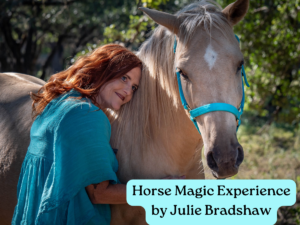 Horse Magic Experience by Julie Bradshaw photo of palomino horse with turquoise halter and woman with red hair leaning her head onto his neck